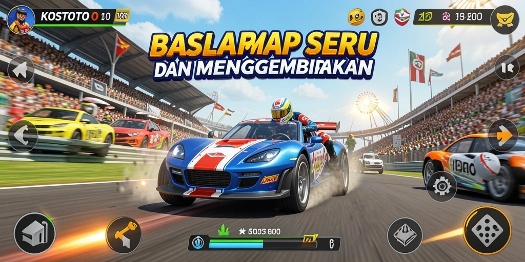 Tangkapan layar KOSTOTO menampilkan balapan seru dengan grafis menakjubkan.