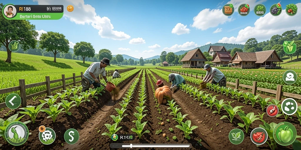 Tangkapan layar utama RI188 menampilkan aktivitas bertani yang seru.