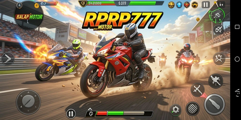 Tampilan gameplay menegangkan di RPRP777 dengan motor balap yang cepat.