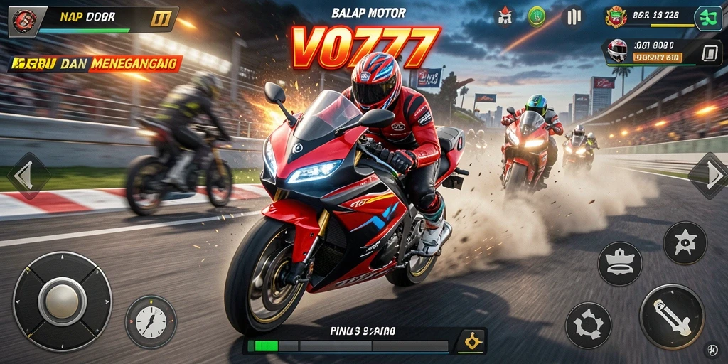 Screenshot utama VO777 menampilkan aksi balap motor yang seru.