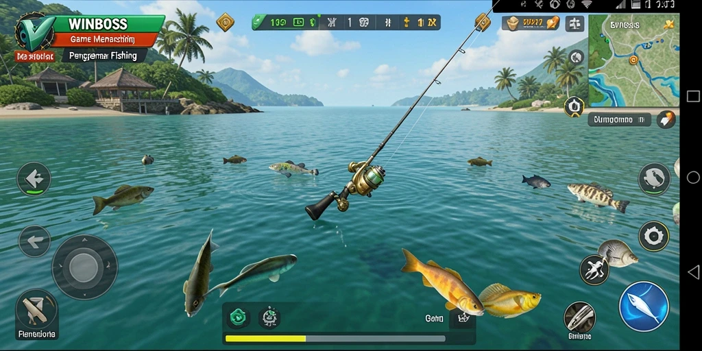 Tangkapan layar gameplay WINBOSS yang menunjukkan aksi memancing yang mendebarkan.
