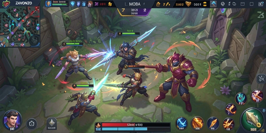 Screenshot gameplay ZAVONZO menunjukkan pertarungan tim yang seru dan strategis.